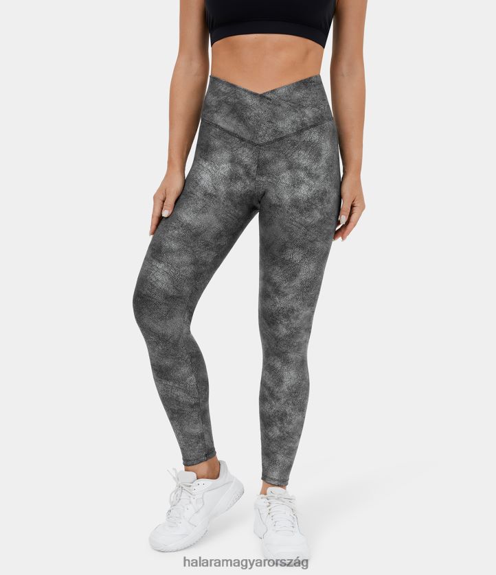 aktív ruházat Halara crossover hátsó zsebben nyújtható crackle jóga 7/8 leggings repedezett titánszürke nők 8FPF801495 - Image 1