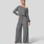 aktív ruházat Halara csónaknyakú, hosszú ujjú, húzózsinóros oldalzsebű alkalmi jumpsuit aranyos szürke virágos fonal nők 8FPF802088
