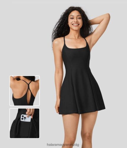 aktív ruházat Halara Háttámla nélküli 2 az 1-ben oldalzseb kontrasztos hálós flowy mini slip dance aktív ruha fekete nők 8FPF80814