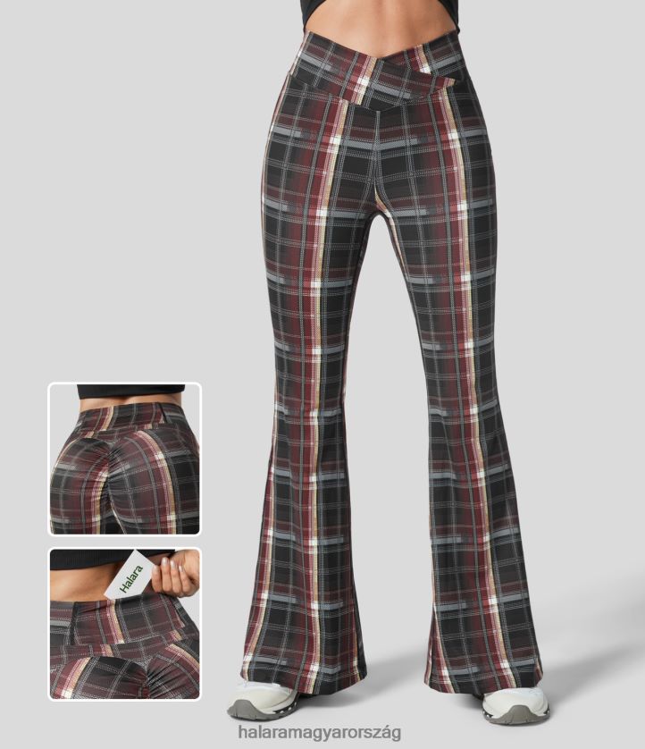 aktív ruházat Halara magas derekú crossover hátsó zsebben rovátkolt kockás szuper flare jóga leggings vulkáni vörös rács nők 8FPF80308 - Image 1