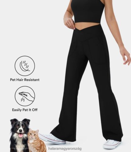 aktív ruházat Halara patitoff flow kisállatszőr ellenálló crossover zseb osztott szegély jóga flare leggings-smile fekete nők 8FPF80348