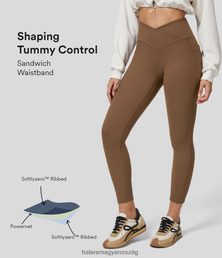 aktív ruházat Halara softlyzero bordázott magas derekú haskontroll crossover oldalzseb sima jóga 7/8 leggings karamell nők 8FPF801466 - Image 1