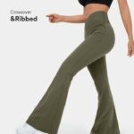 aktív ruházat Halara softlyzero plüss magas derekú crossover bordás szuper flare jóga leggings fű szürke zöld nők 8FPF80313
