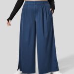 alsók Halara magas derekú gombos cipzáras oldalzseb, osztott szegély széles szárú alkalmi plus size nadrág indigókék farmer nők 8FPF802139
