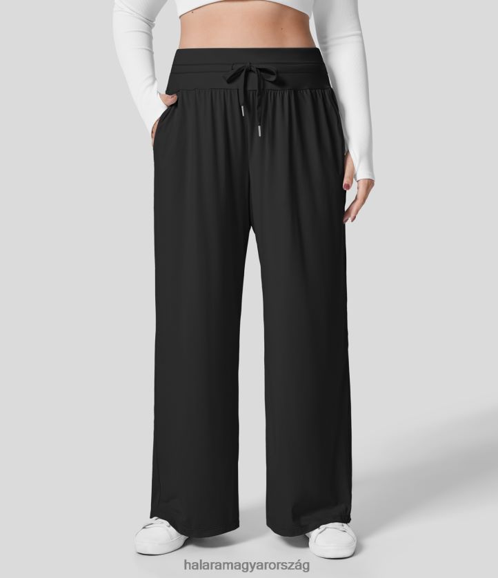 alsók Halara magas derekú, húzózsinóros oldalzseb, széles szárú menő érintés, alkalmi plus size nadrág fekete nők 8FPF802135 - Image 1
