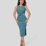 ruházat Halara bordás kötött környakú ujjatlan csavart kivágott osztott bodycon midi alkalmi ruha viharkék nők 8FPF801117