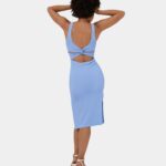 ruházat Halara bordás kötött u nyakú ujjatlan hát nélküli csavart kivágott osztott bodycon midi alkalmi ruha kilátás kék nők 8FPF801128