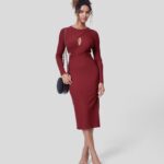 ruházat Halara bordázott crossover kivágott hosszú ujjú, osztott szegélyű bodycon midi party ruha skarlátvörös mosoly nők 8FPF801123