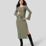 ruházat Halara bordázott kötött csónaknyak osztott flare hosszú ujjú masni bodycon midi alkalmi ruha mohazöld virágos bársony nők 8FPF801120