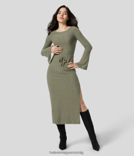 ruházat Halara bordázott kötött csónaknyak osztott flare hosszú ujjú masni bodycon midi alkalmi ruha mohazöld virágos bársony nők 8FPF801120