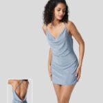 ruházat Halara csuklós nyakú, hát nélküli bodycon mini metál party slip ruha csillogó levendula kék nők 8FPF801006
