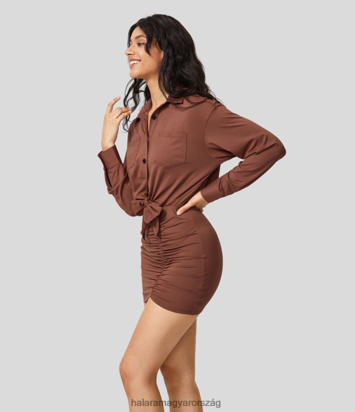 ruházat Halara galléros gomb mellkasi zseb nyakkendő elöl hosszú ujjú domború bodycon mini alkalmi ruha juharszirup nők 8FPF801008 - Image 1