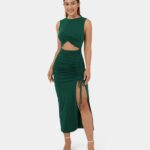 ruházat Halara kerek nyakú csavart kivágott, dörzsölt húzózsinórral osztott szegély bodycon midi alkalmi ruha esőerdő nők 8FPF801082
