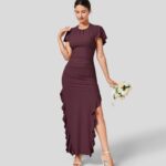 ruházat Halara kerek nyakú fodros rövid ujjú nyakkendő hátra bodycon split maxi koszorúslány és esküvői vendég ruha ábra nők 8FPF801090