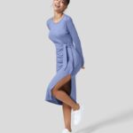 ruházat Halara kerek nyakú, hosszú ujjú fűzős osztott bodycon midi alkalmi ruha fehérített farmer nők 8FPF801121