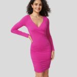ruházat Halara mély v nyakú, hosszú ujjú, dörzsölt masszív bodycon mini alkalmi ruha fukszia fedora nők 8FPF801020