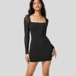 ruházat Halara softlyzero légies szögletes nyakú, hát nélküli hosszú ujjú kontrasztos hálós bodycon mini cool touch party ruha fekete nők 8FPF801007