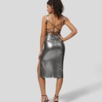 ruházat Halara softlyzero műbőr hát nélküli, keresztben fűzős, rovátkolt, osztott szegélyű fóliamintás rugalmas bodycon midi party ruha fényes fekete ezüst nők 8FPF801109