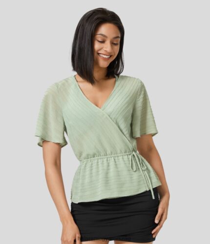 ruházat Halara surplice nyakba burkoló zsinóros jacquard munkás peplum blúz ködzöld nők 8FPF801630