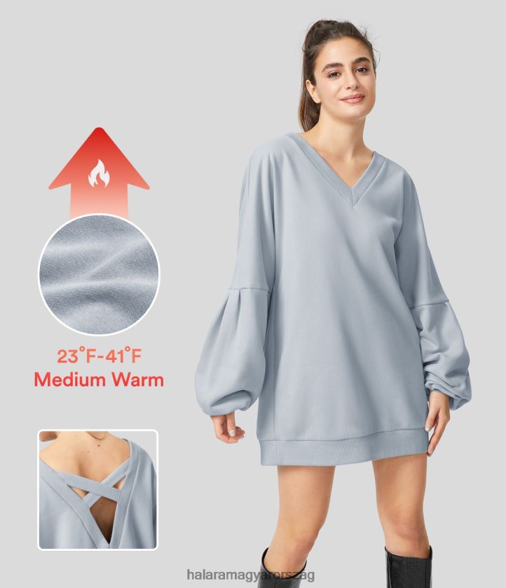 ruházat Halara v nyakba ejtett váll püspökujj keresztben keresztezett hátsó oversize gyapjú alkalmi pamut pulóver boldog évfordulót szürke nők 8FPF802022 - Image 1
