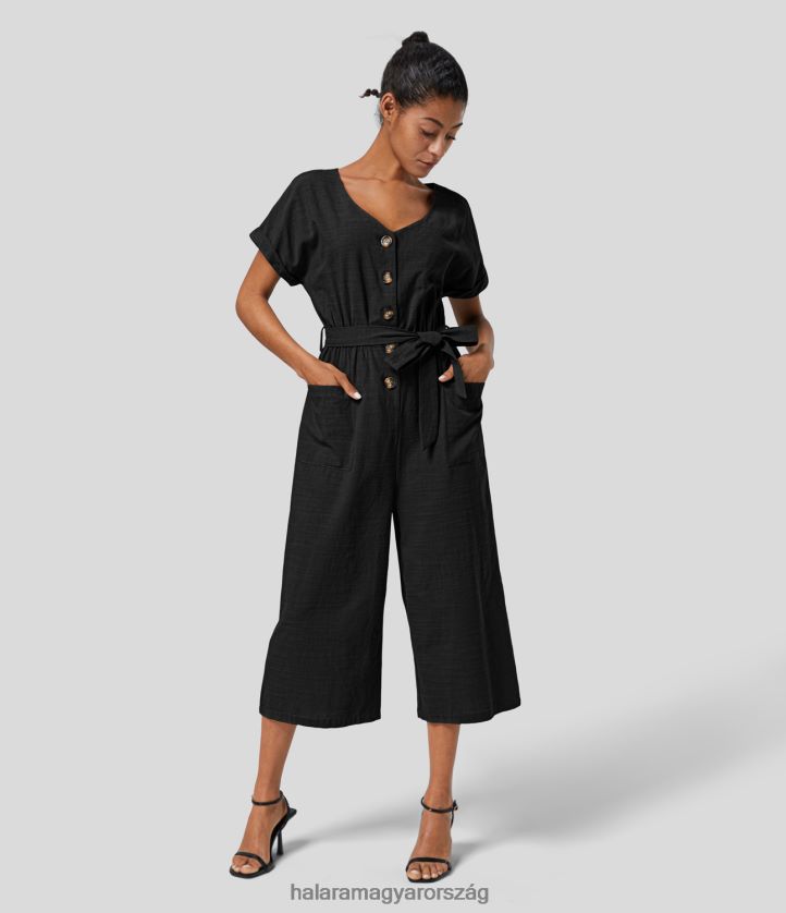 ruházat Halara v nyakú rövid ujjú gomb oldalzseb övvel széles szárú alkalmi pamut jumpsuit fekete nők 8FPF802083 - Image 1