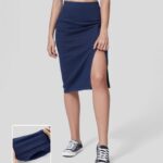 ruházat Halara varázslatos magas derekú osztott szegély bodycon midi mosott rugalmas kötött gofri farmer alkalmi szoknya mélykék nők 8FPF80730